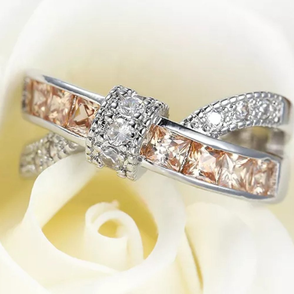 🎁925 Silver Plated Champagne CZ Punk Party Cocktail Ring Women, GPMB1402